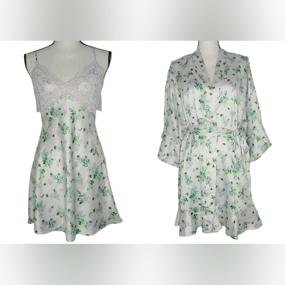 Victoria's Secret Honey Bee Floral Robe And Slip Dress Set Medium